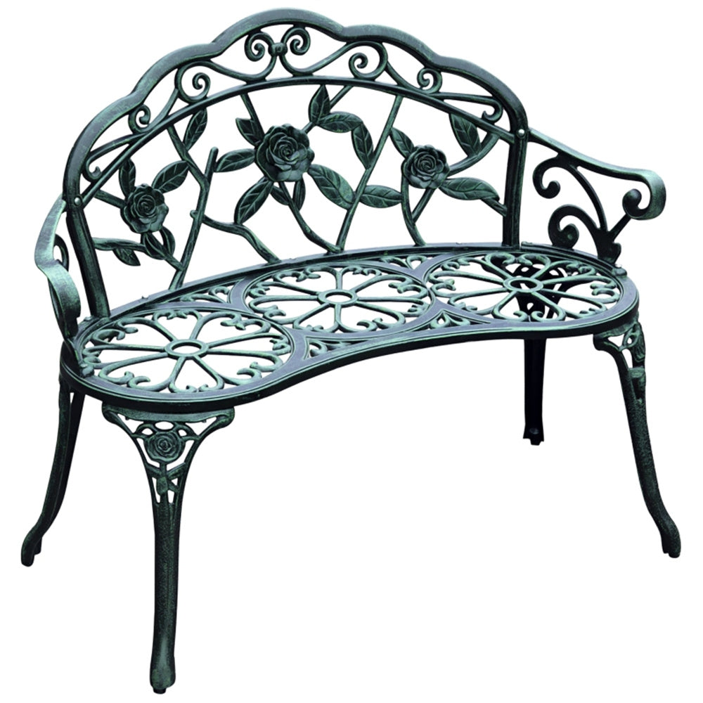 Decorative metal bench with floral patterns on a white background