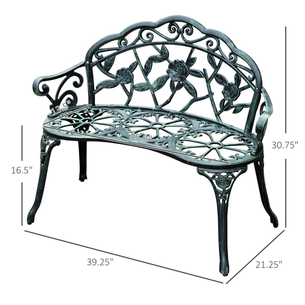 Decorative metal bench with floral patterns and dimensions on a white background