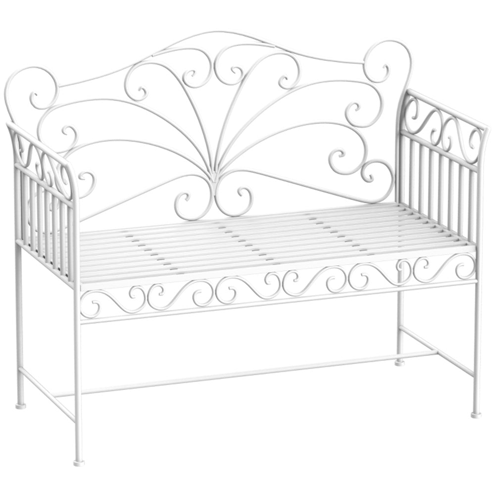Decorative metal bench with intricate designs on a white background
