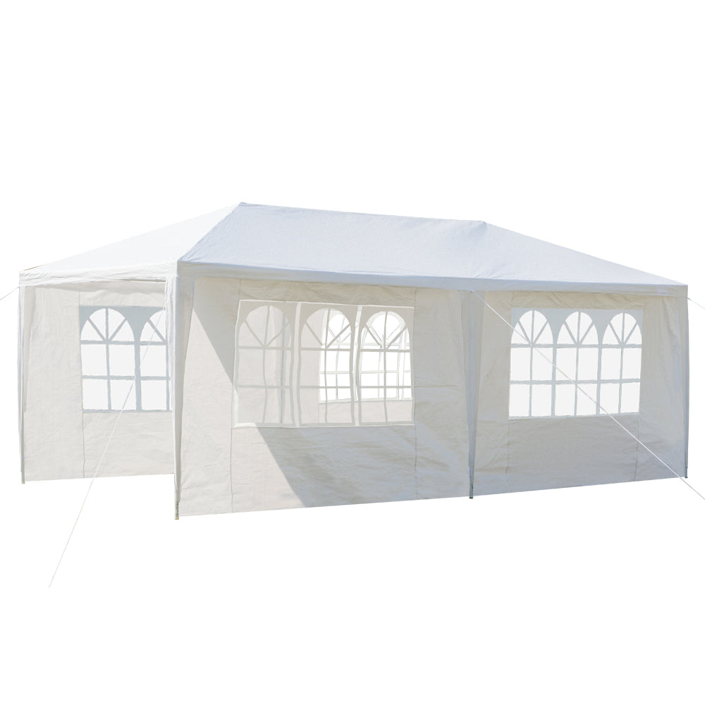 White outdoor canopy tent with side panels on a white background