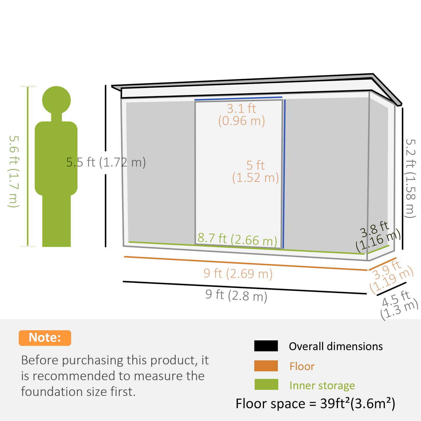 Diagram showing the dimensions and floor space of a garden shed with a height comparison to an average adult