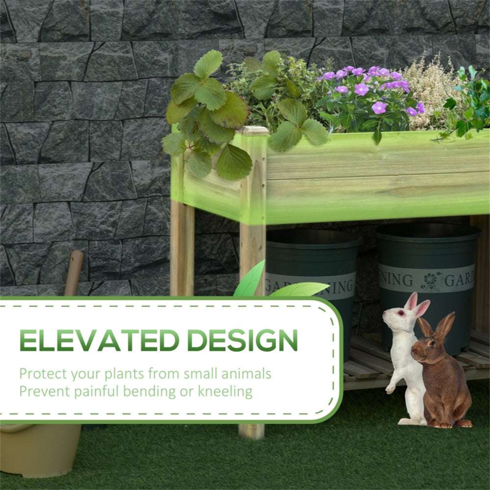 Elevated garden bed with plants and rabbits, featuring text about plant protection.