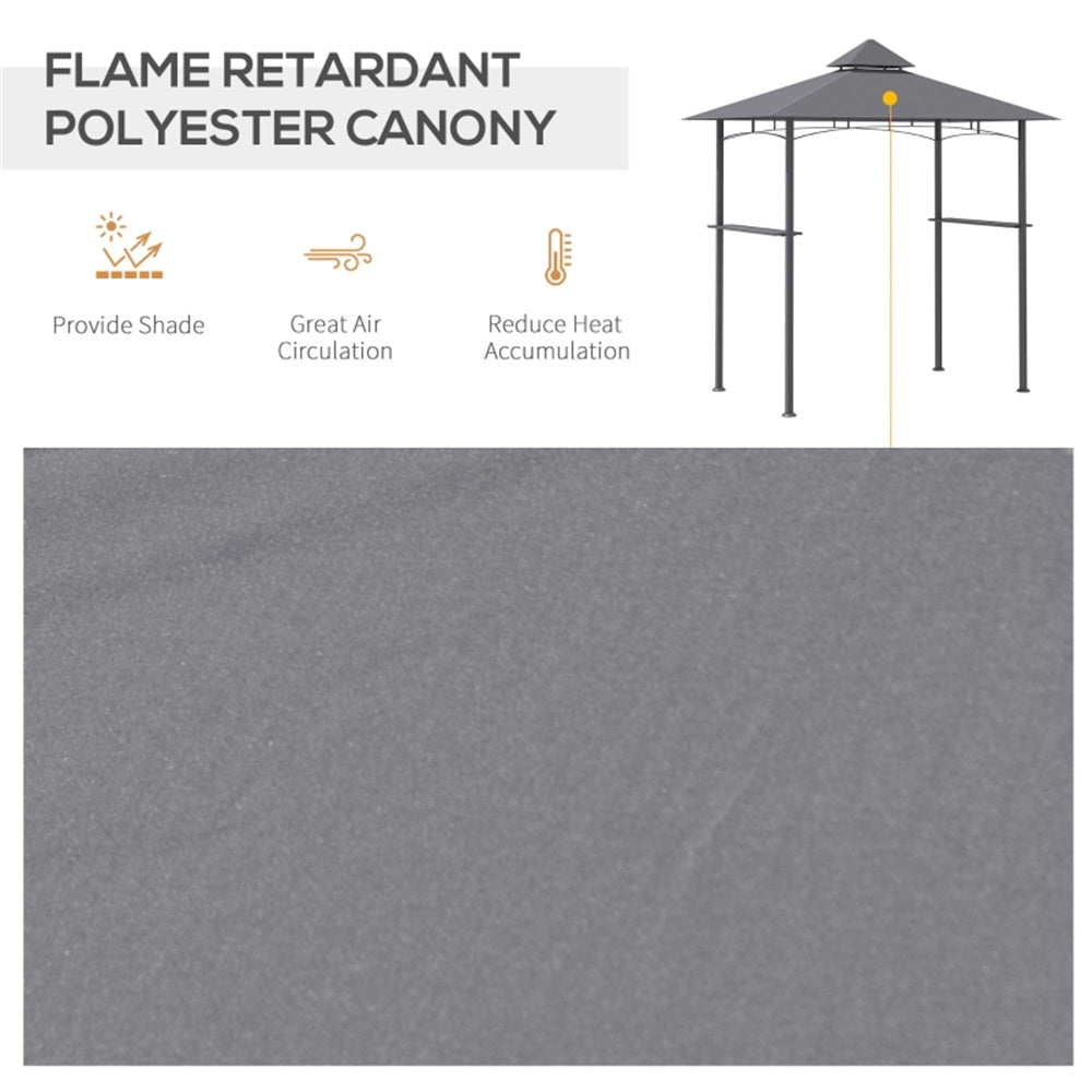 Flame retardant polyester canopy with features listed on a white background
