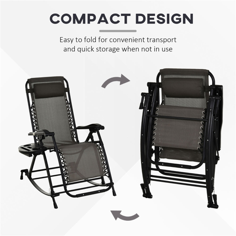 Foldable chair with text highlighting its compact design for easy transport and storage.