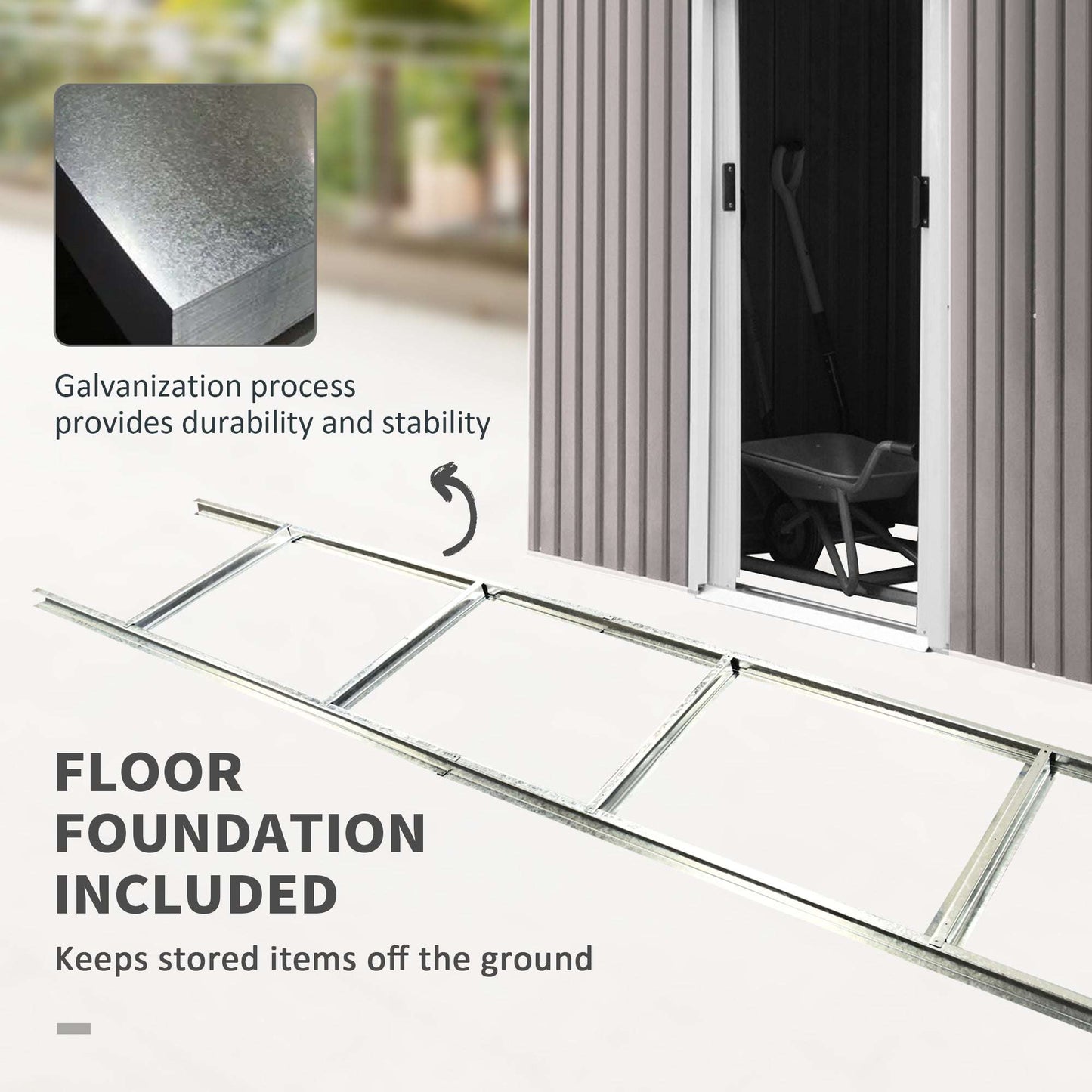Galvanised steel foundation kit included with shed, shown on white patio with entry to open shed and garden tools inside.