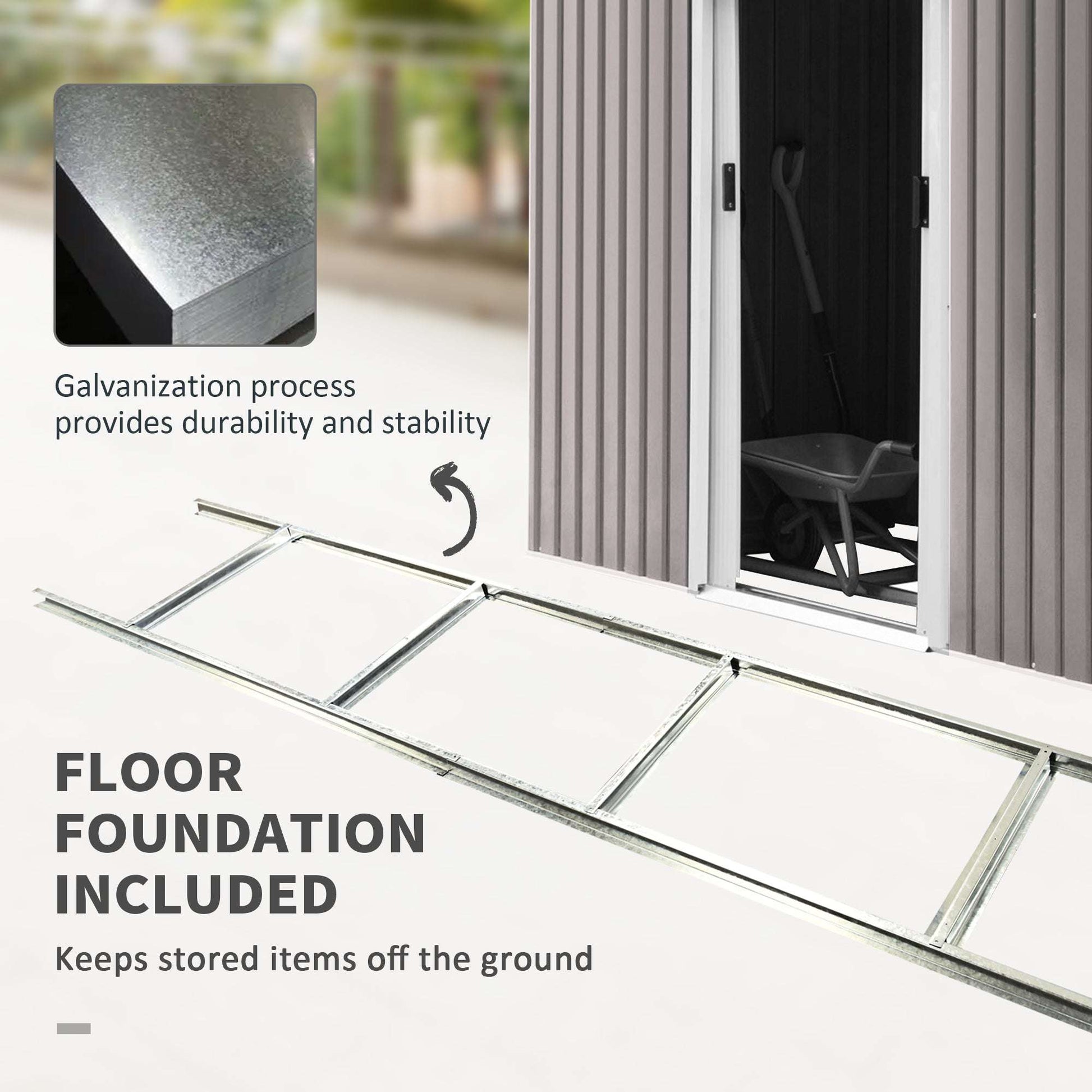Galvanised steel foundation kit included with shed, shown on white patio with entry to open shed and garden tools inside.