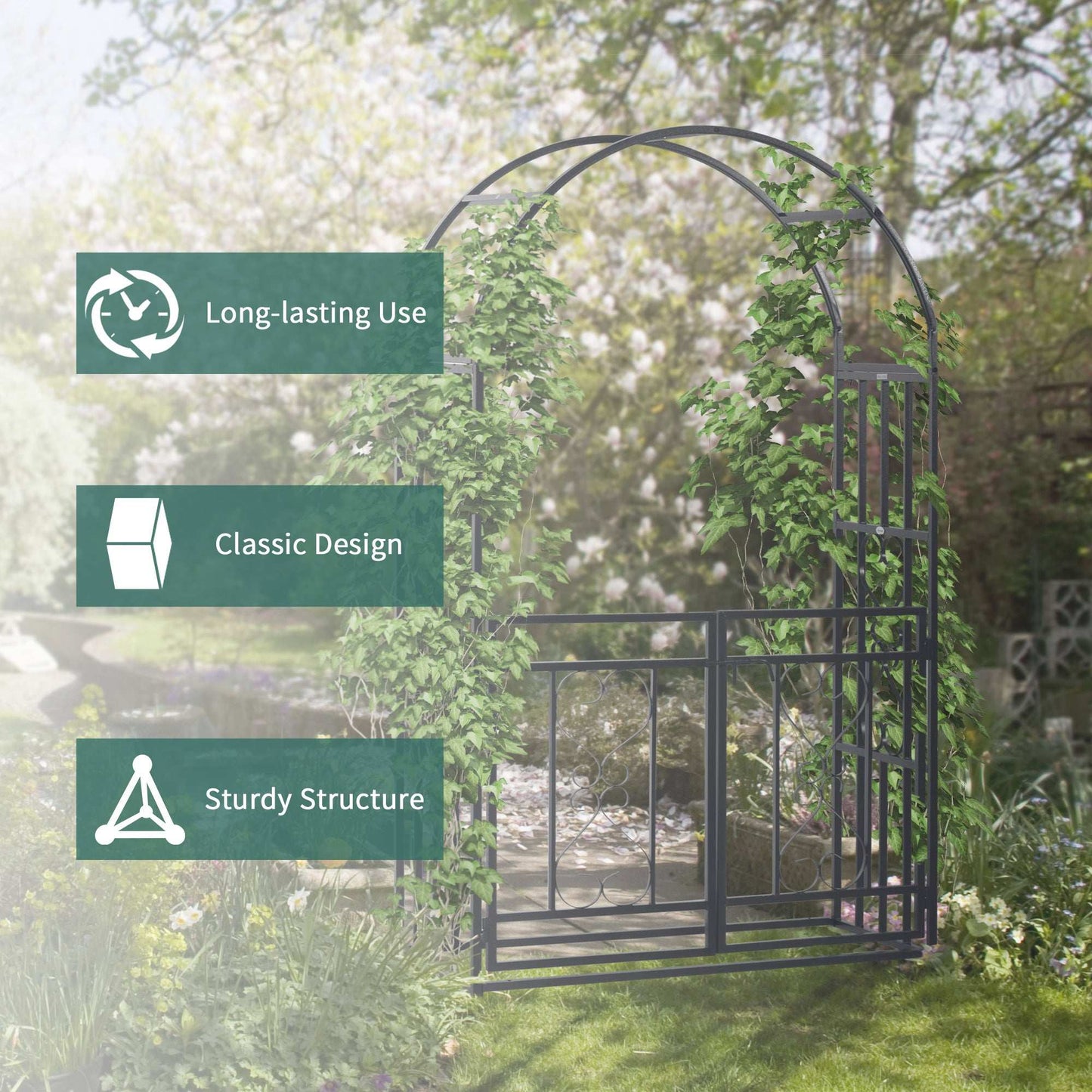 Garden archway with greenery in a garden setting, featuring icons and text about product features.