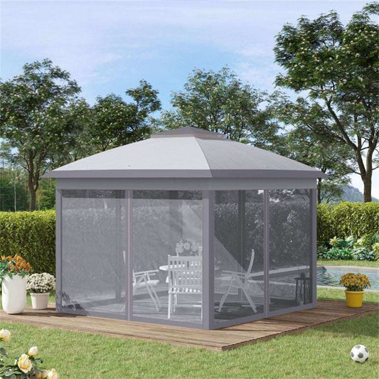Garden gazebo with screen walls on a wooden deck, surrounded by trees and flowers.