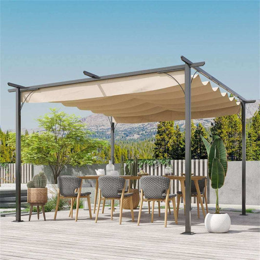 Garden patio with pergola, table, and chairs in a garden setting