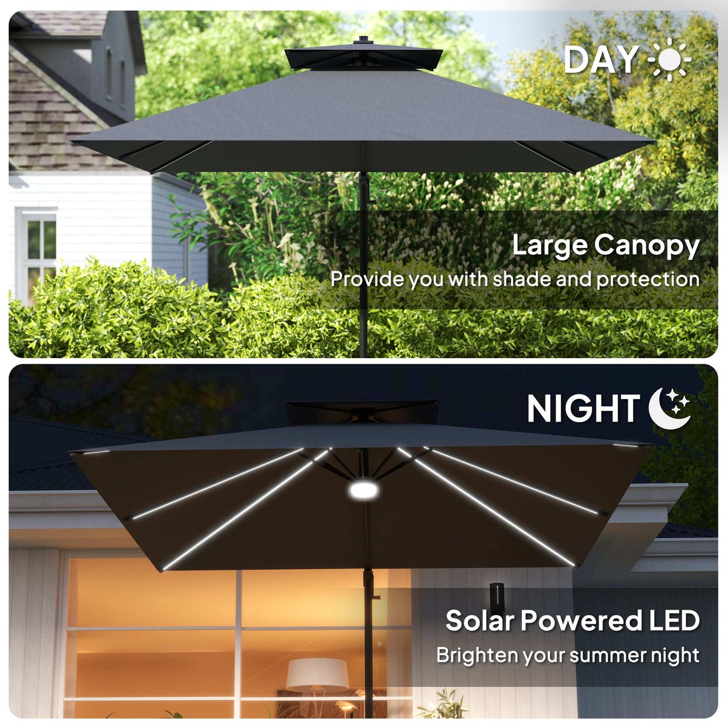 Garden umbrella with large canopy providing shade during the day and solar-powered LED lights at night.