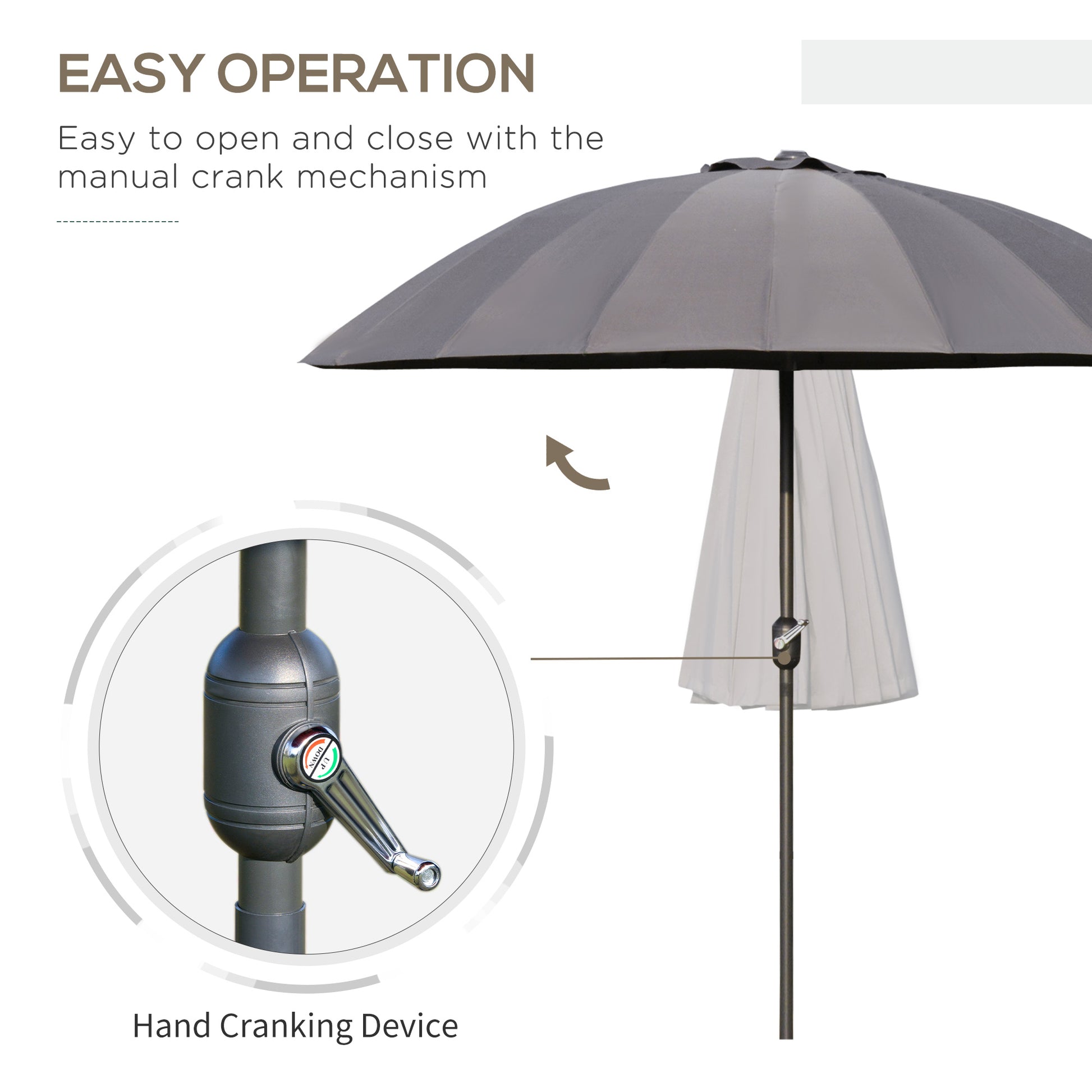 Gray patio umbrella with manual crank mechanism on a white background