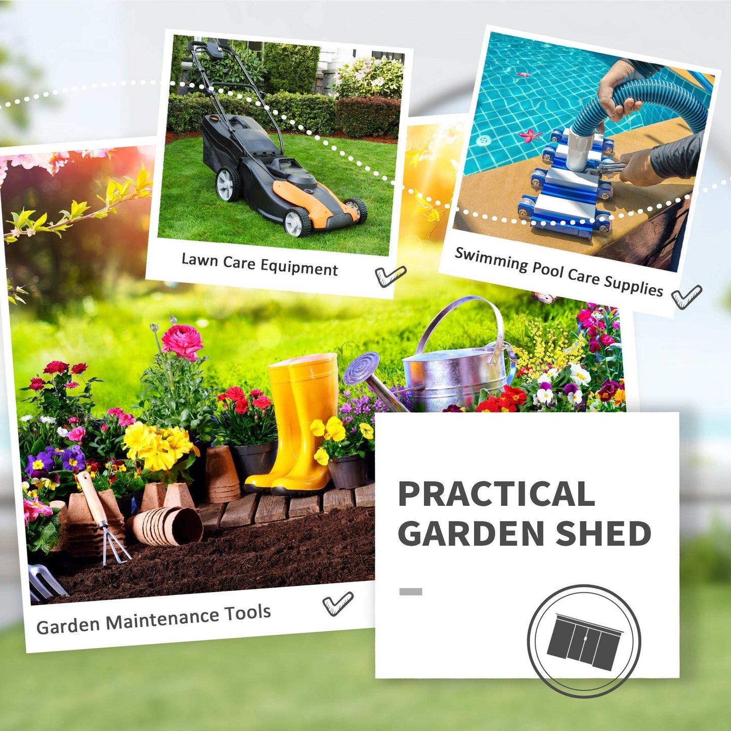 Graphic showing use cases for the shed: lawn care tools, garden supplies, and swimming pool equipment.