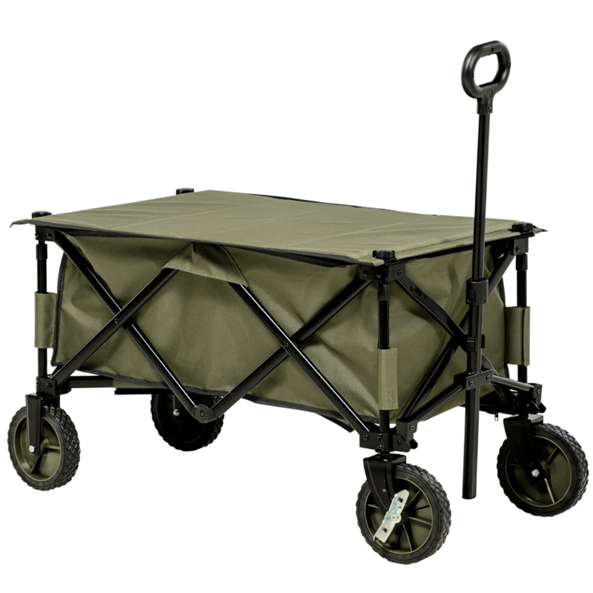 Green folding wagon with black frame and wheels on a white background