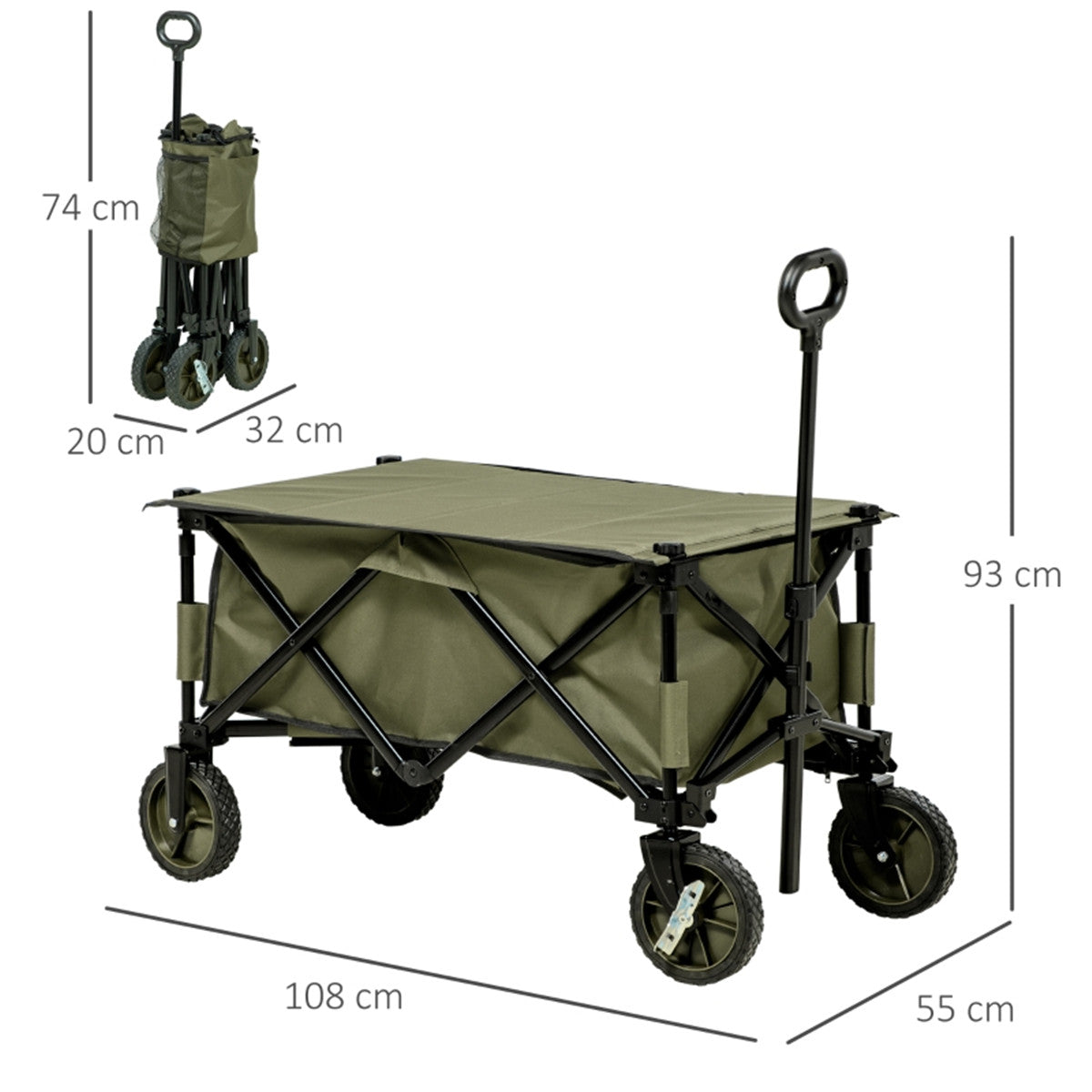 Green folding wagon with dimensions labeled on a white background