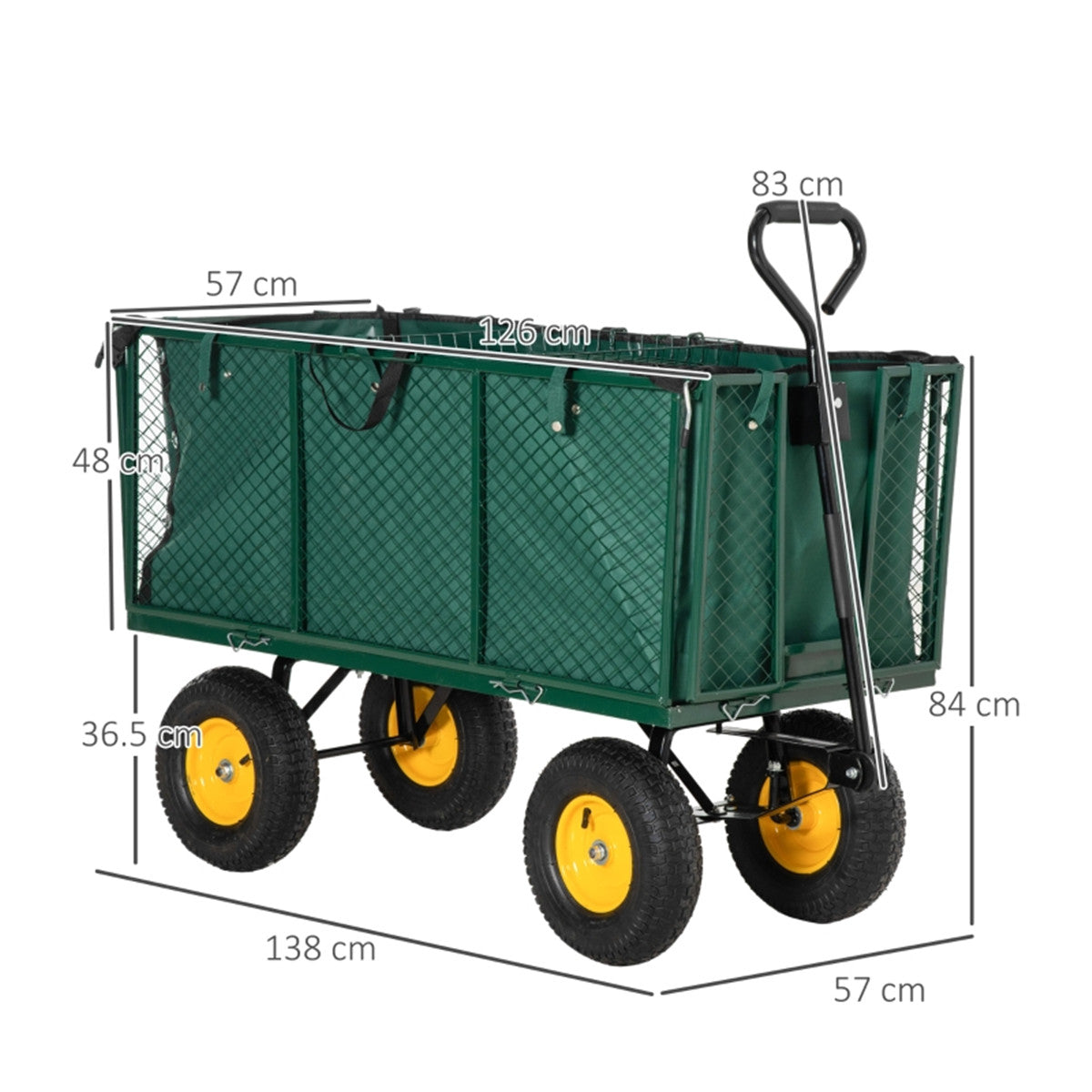 Green garden cart with dimensions labeled on a white background