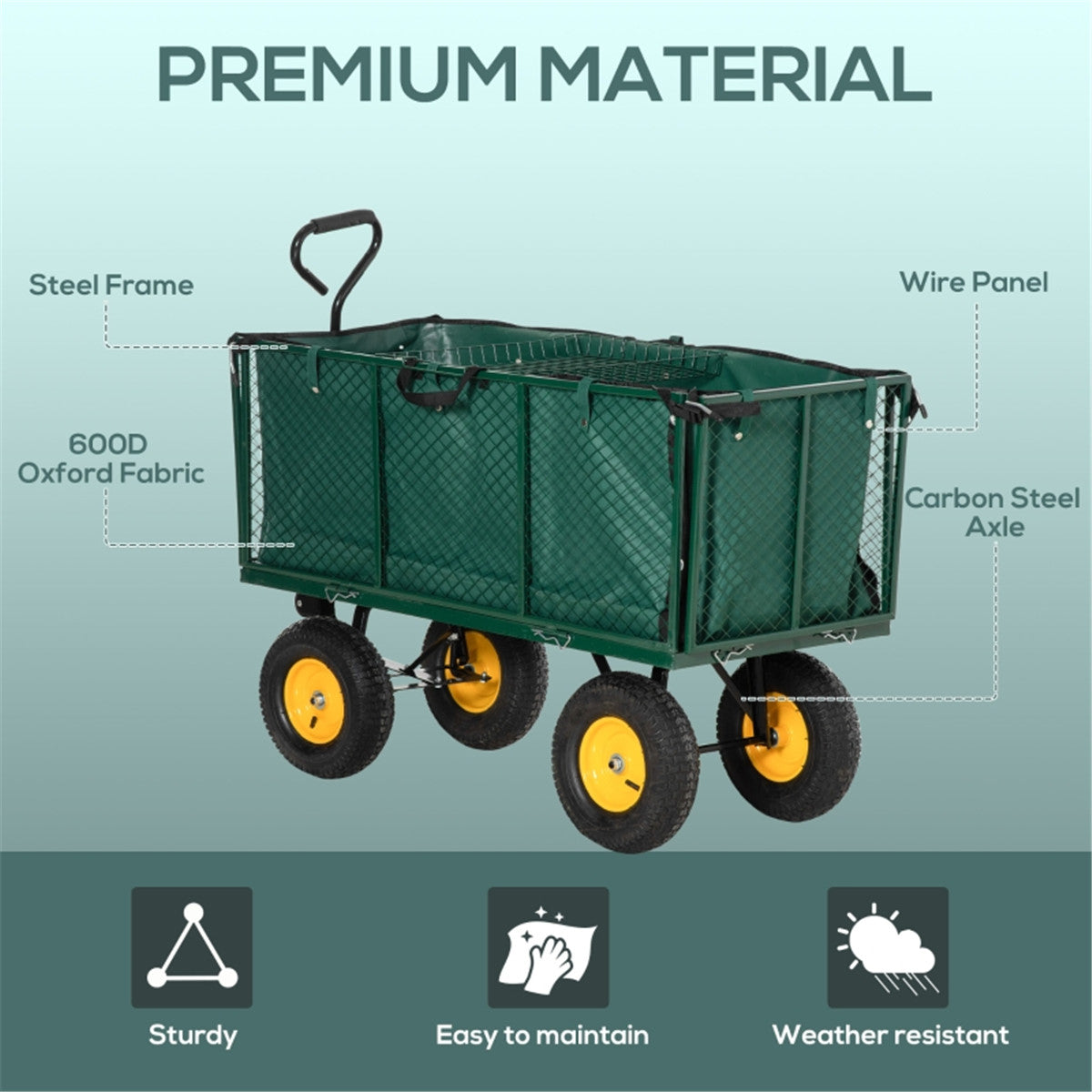 Green garden cart with features highlighted on a light blue background