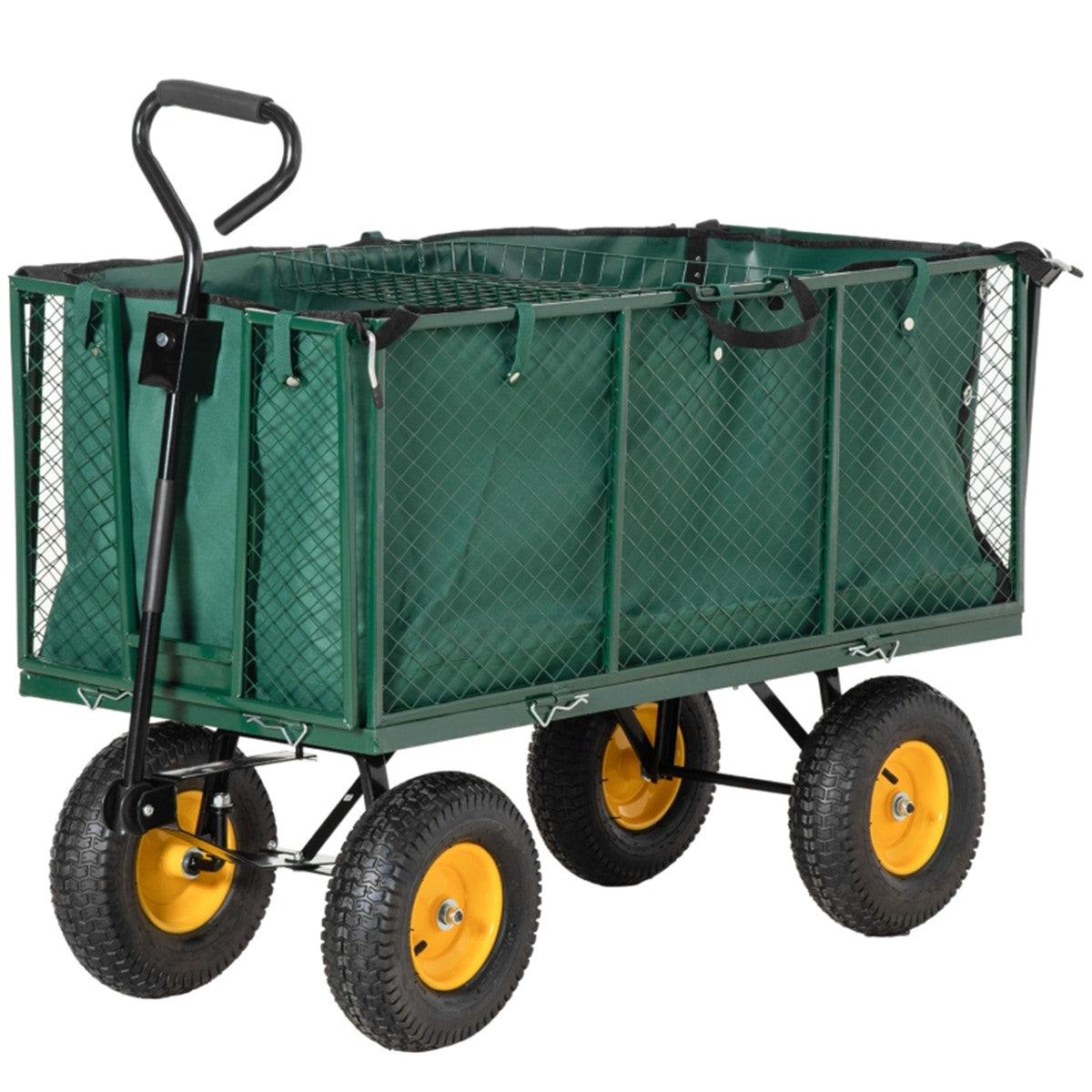 Green garden cart with yellow wheels on a white background