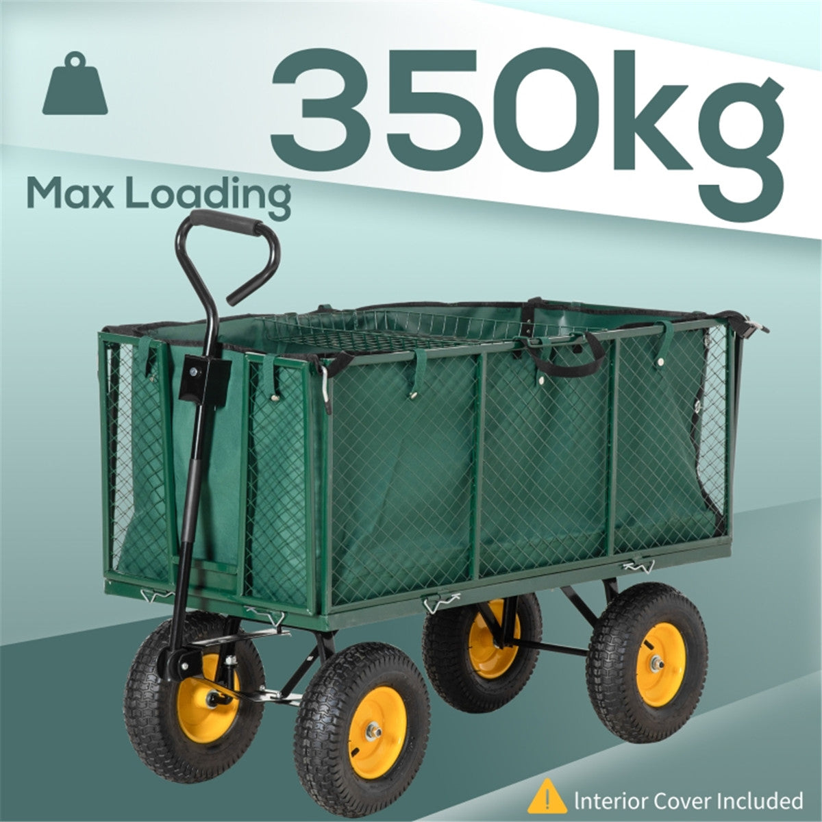 Green garden cart with yellow wheels and a max loading capacity of 350kg on a light blue background.