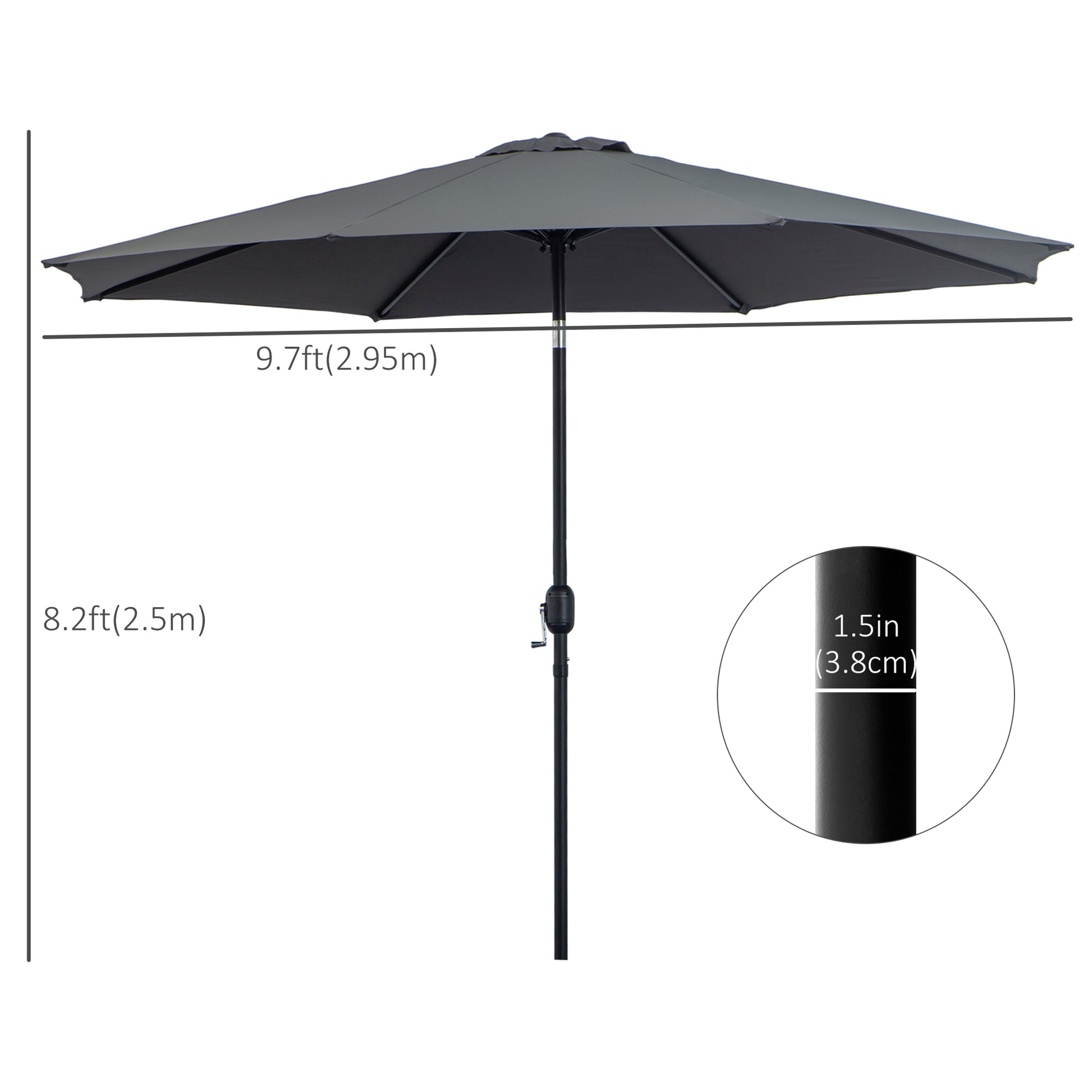 Black patio umbrella with dimensions on a white background