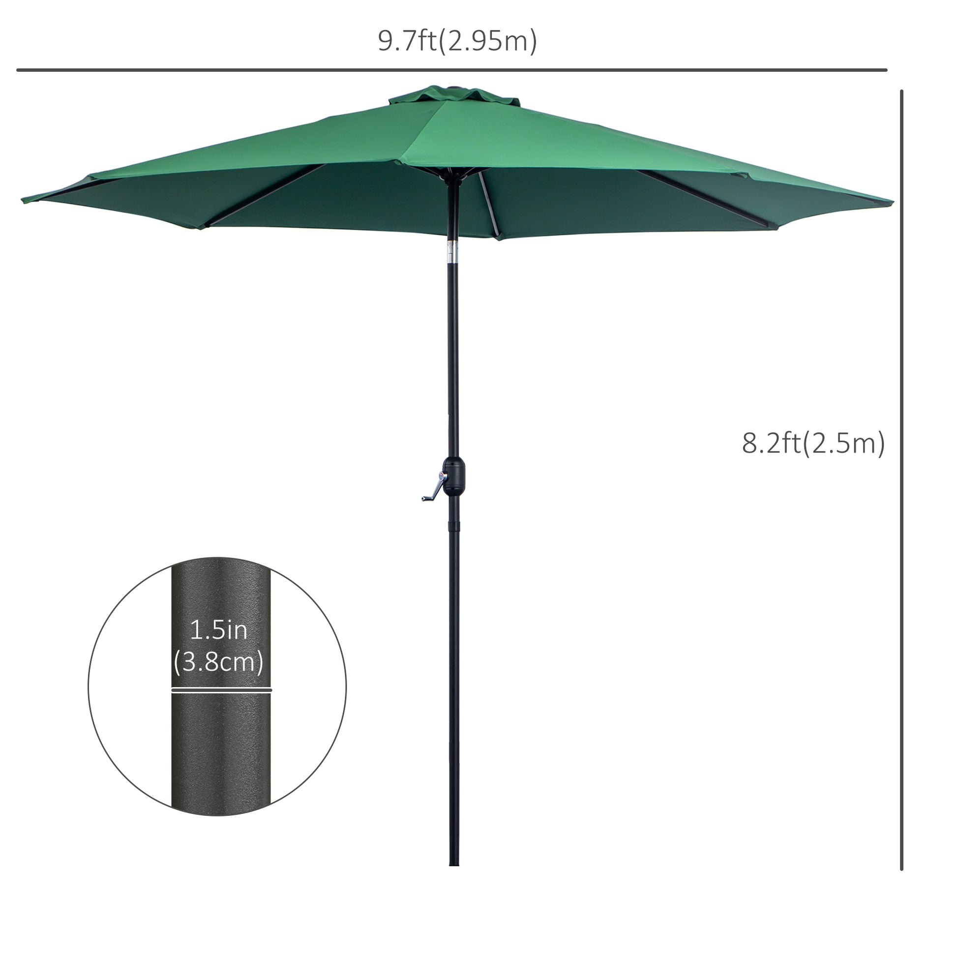 Green patio umbrella with dimensions on a white background