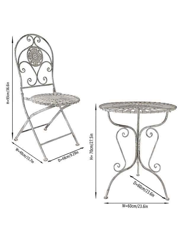 Wrought iron bistro chair and table set with dimensions 