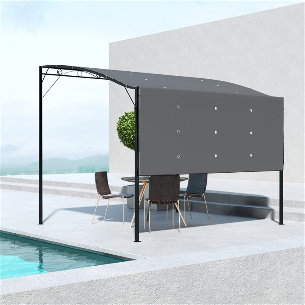 Outdoor canopy with a dining table and chairs near a poolside.