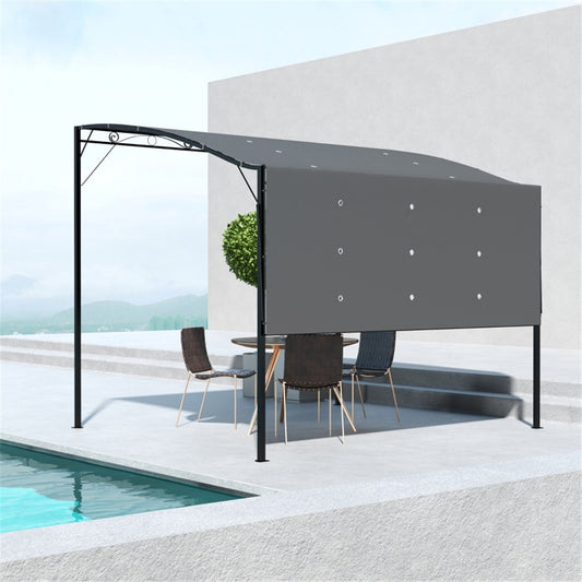 Outdoor canopy with a dining table and chairs near a poolside.