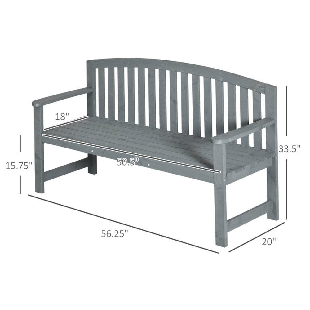 Grey bench with dimensions labeled on a white background