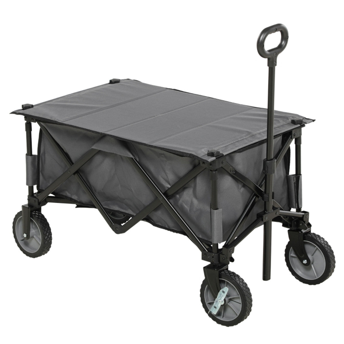 Grey folding wagon with black frame and wheels on a white background