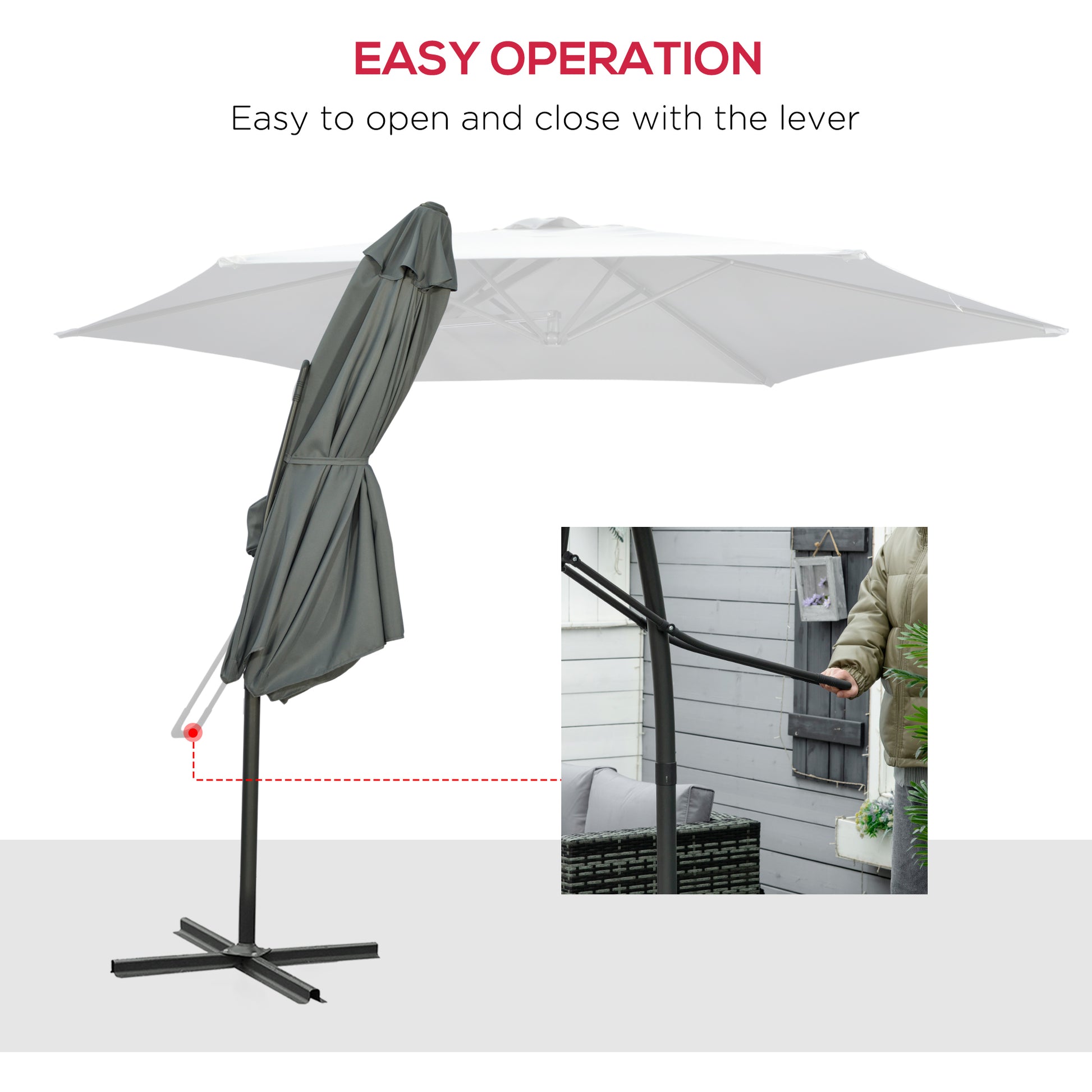Grey patio umbrella with stand on a white background, featuring text about easy operation.