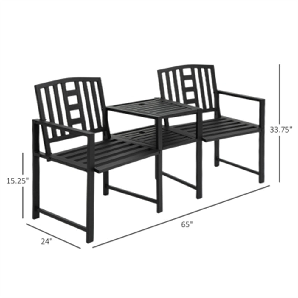 Black metal outdoor furniture set with table and two chairs, shown with dimensions on a white background.