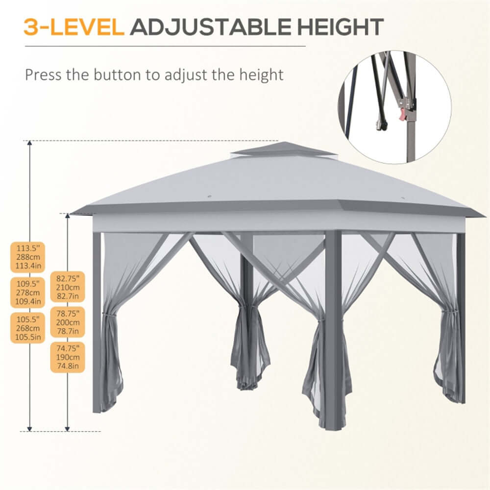Grey outdoor canopy with adjustable height feature on a beige background