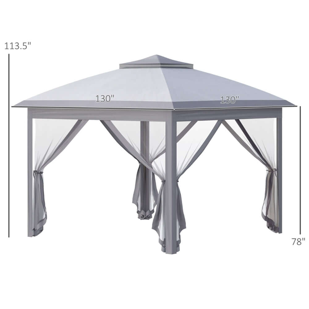 Grey outdoor gazebo with dimensions labeled on a white background