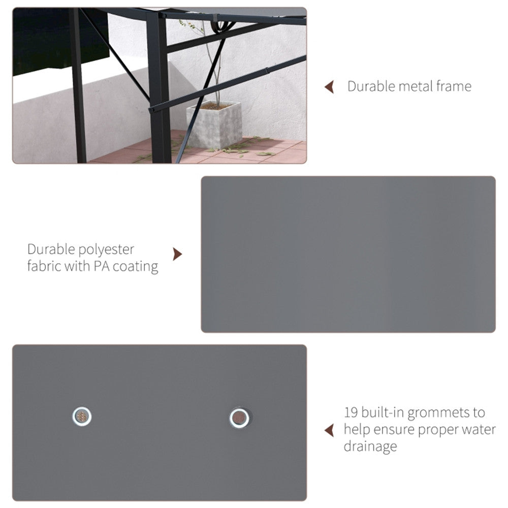 Grey outdoor cover with metal frame and grommets, featuring text on durability and features.