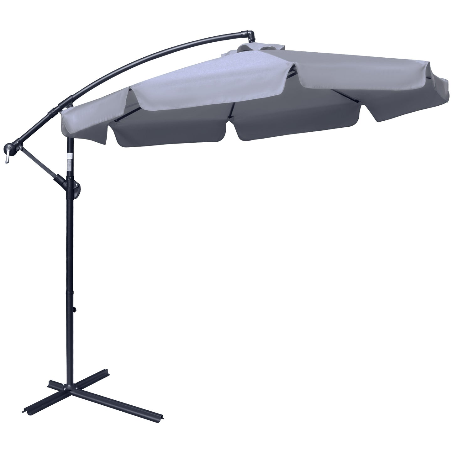 Grey outdoor umbrella with a black stand on a white background