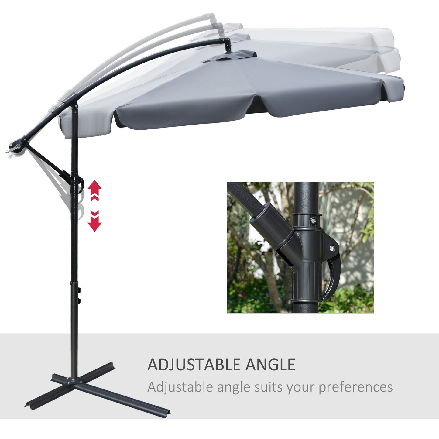 Grey outdoor umbrella with adjustable arm on a white background
