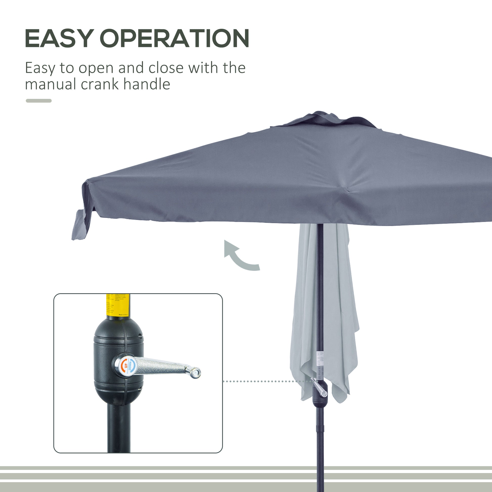 Grey outdoor umbrella with manual crank handle for easy operation on a white background