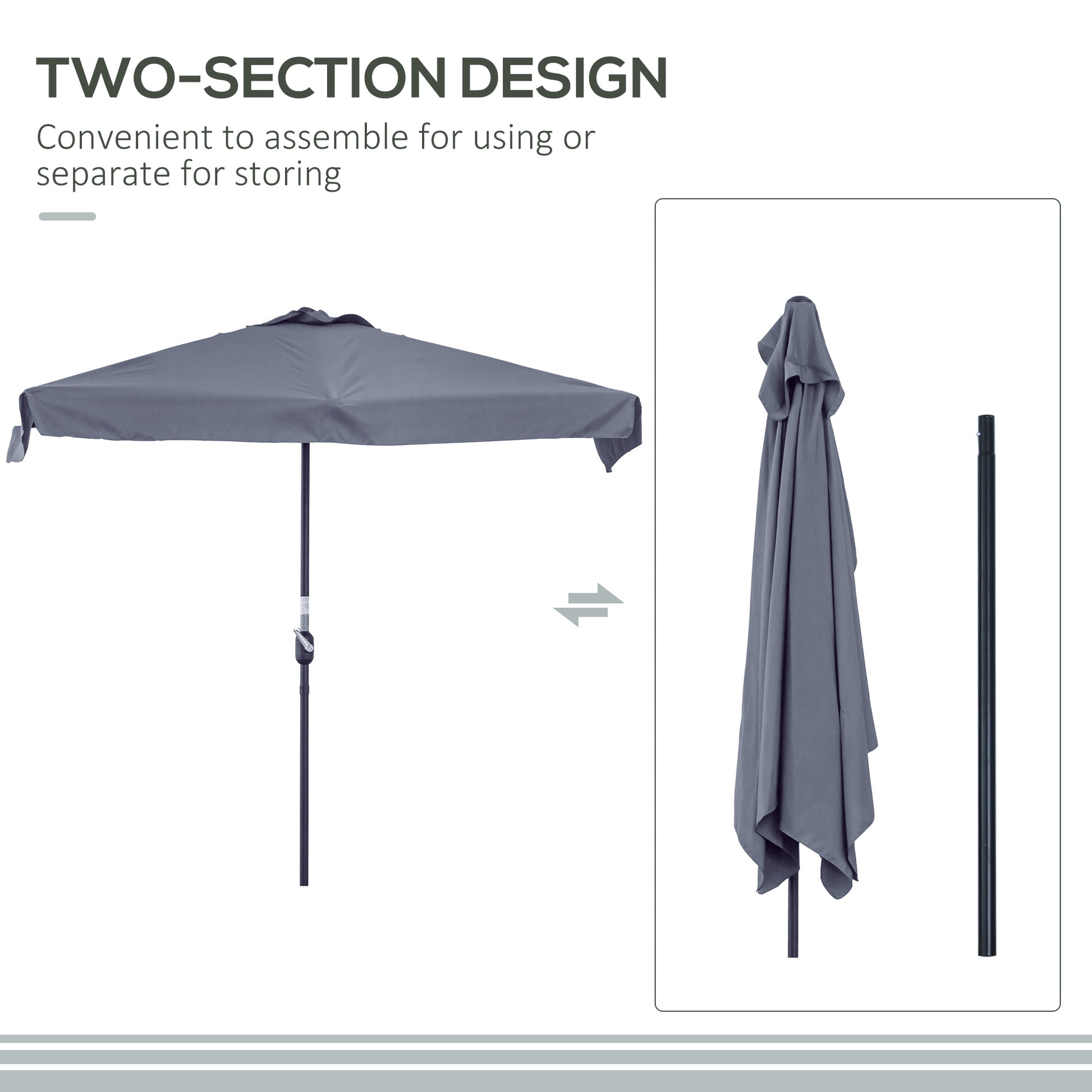 Grey outdoor umbrella with two-section design on a white background