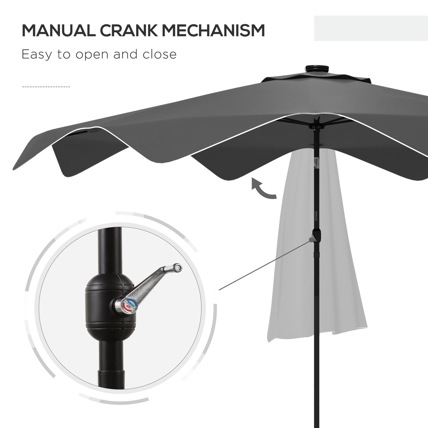 Grey patio umbrella with manual crank mechanism on a white background