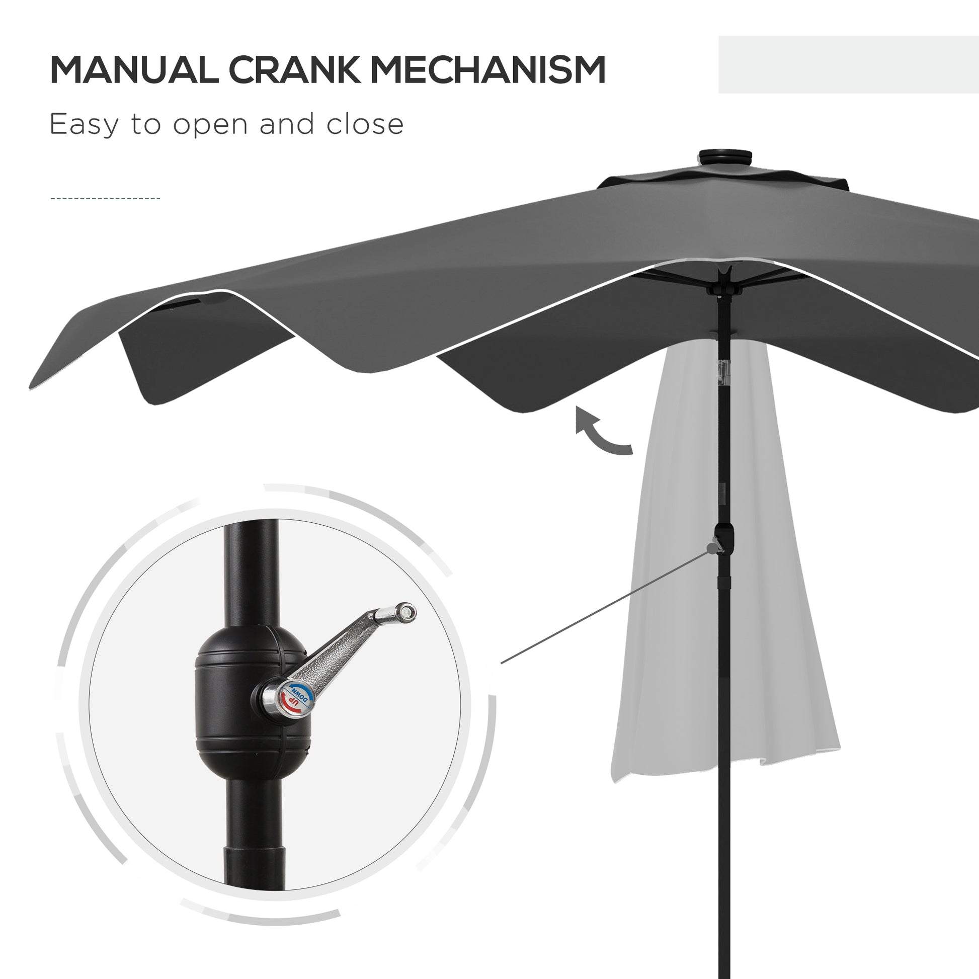 Grey patio umbrella with manual crank mechanism on a white background