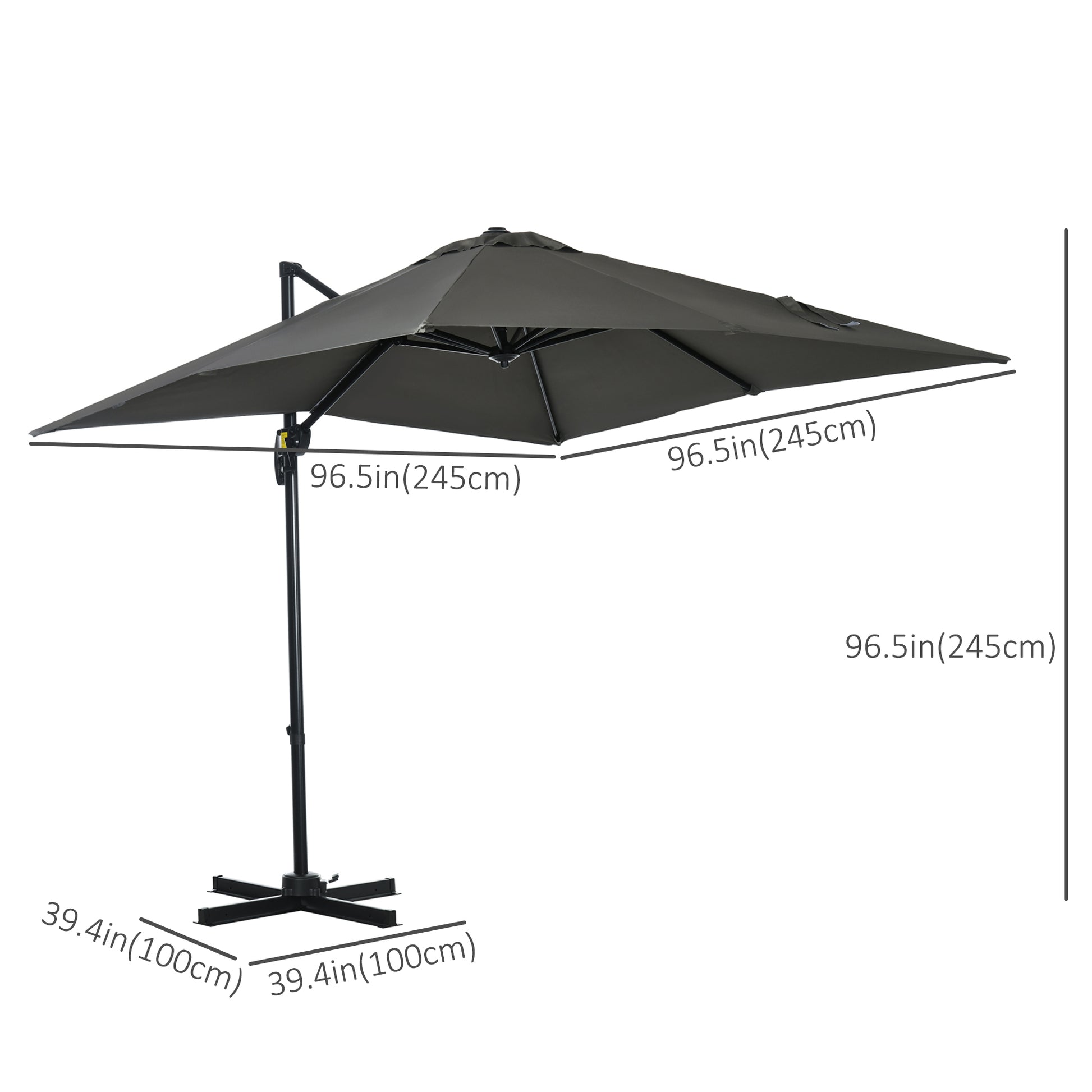 Black patio umbrella with measurement labels on a white background
