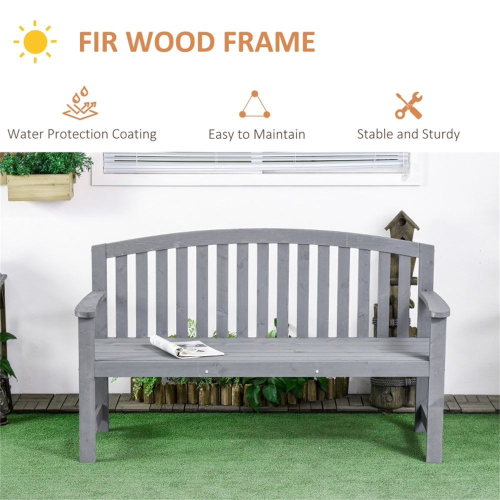 Grey wooden bench with outdoor setting, highlighting features like water protection coating and stability.