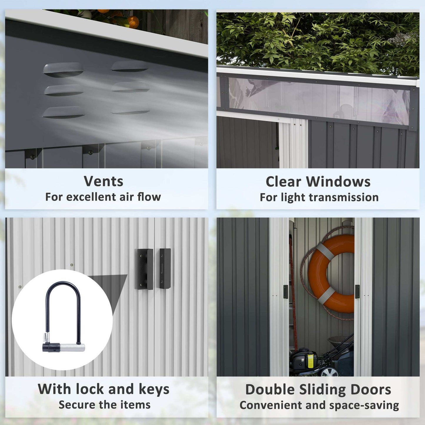 Grid showing garden shed features including air vents, clear top windows, lock with keys, and sliding doors.