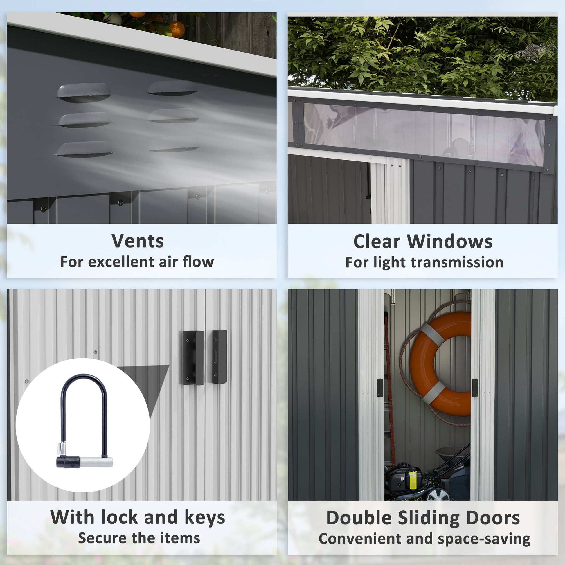 Grid showing garden shed features including air vents, clear top windows, lock with keys, and sliding doors.