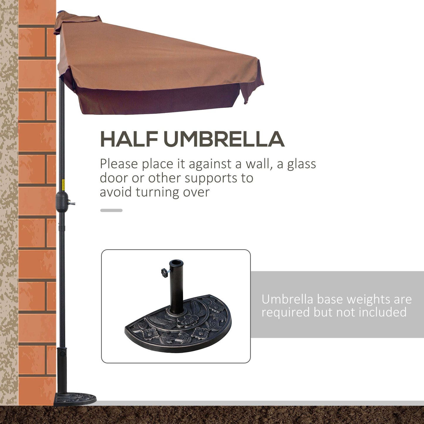 Half umbrella with stand against a wall, instructions on how to use it.
