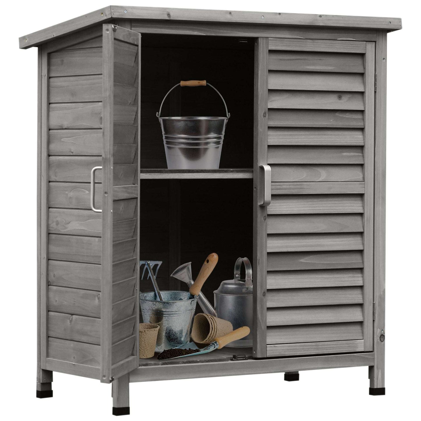Interior view showing two storage shelves in shed