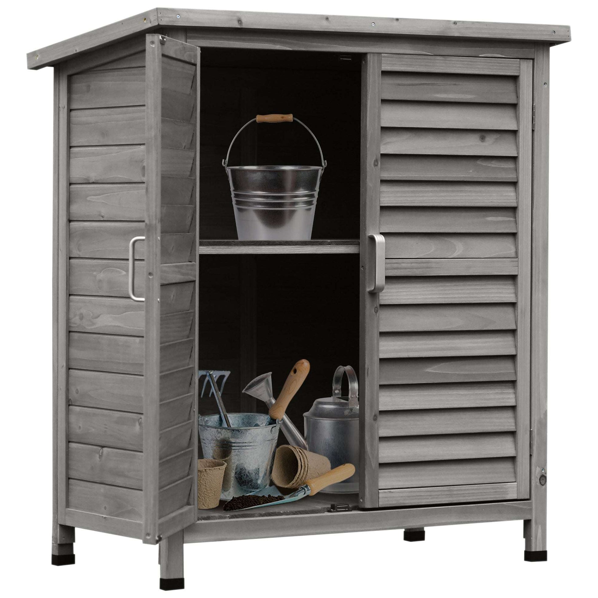 Interior view showing two storage shelves in shed
