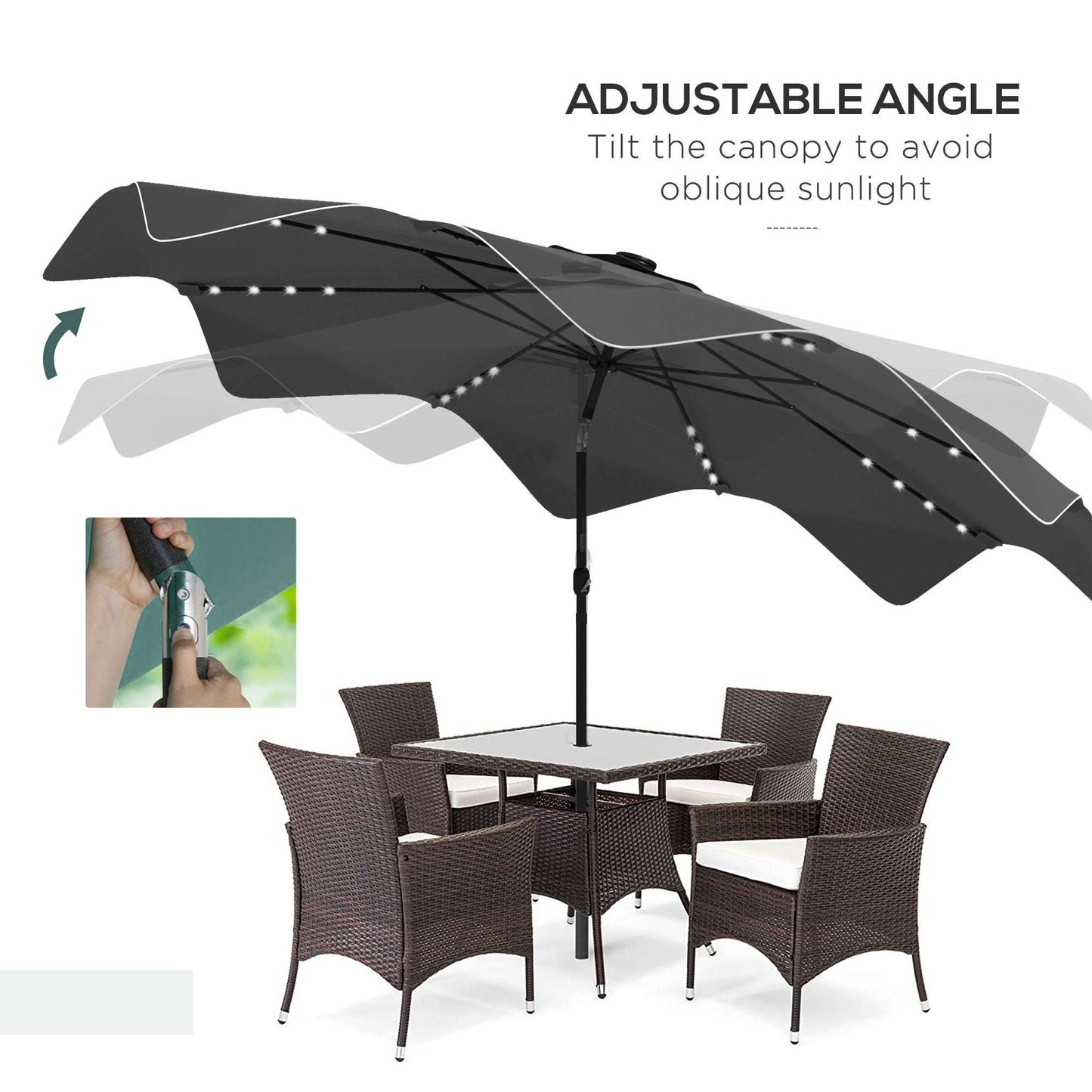 Large black patio umbrella with adjustable canopy over a dining set on a white background