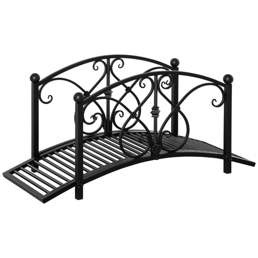 Decorative black metal garden bridge on a white background