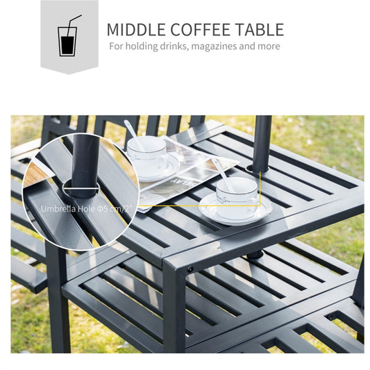 Outdoor table with drink ware and text indicating its use for holding drinks and magazines.